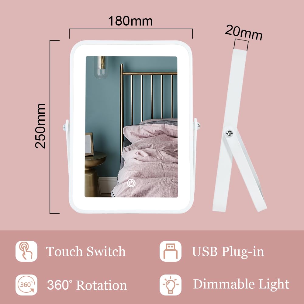 YEKKOPT Travel Makeup Mirror with Lights, Portable Small Beauty LED Vanity Mirror with Lights, 1200mAh Battery, Dimmable Touch Screen, Tabletop Folding Compact Mirror,Women Gift