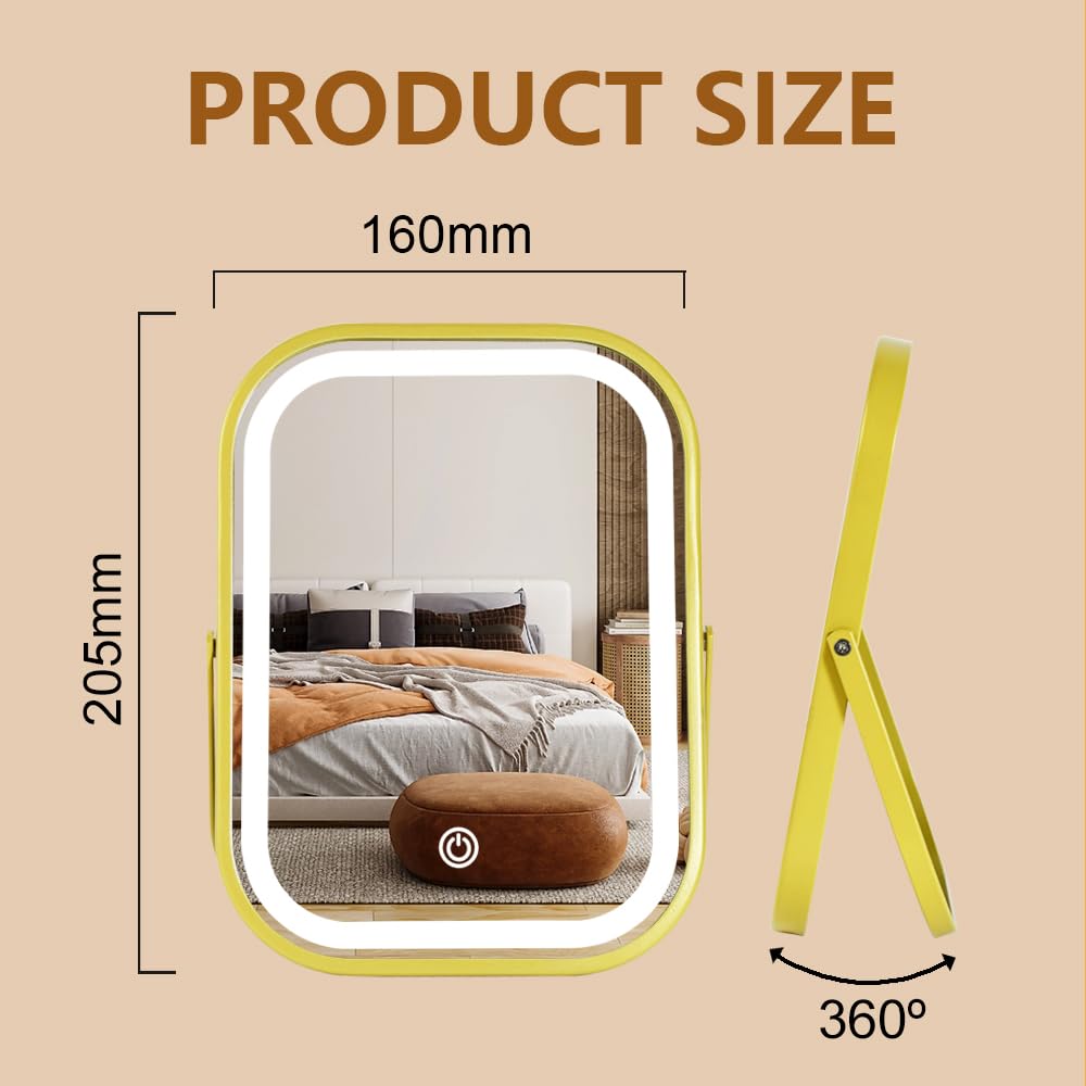 YEKKOPT Travel Makeup Mirror with Lights, Portable Small Beauty LED Vanity Mirror with Lights, 1200mAh Battery, Dimmable Touch Screen, Tabletop Folding Compact Mirror,Women Gift