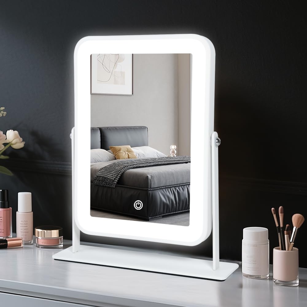 YEKKOPT Travel Makeup Mirror with Lights, Portable Small Beauty LED Vanity Mirror with Lights, 1200mAh Battery, Dimmable Touch Screen, Tabletop Folding Compact Mirror,Women Gift