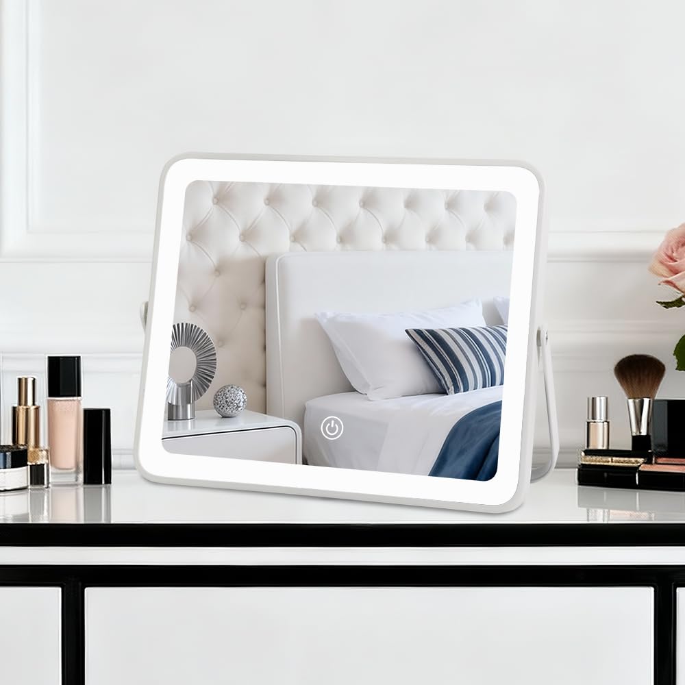YEKKOPT Travel Makeup Mirror with Lights, Portable Small Beauty LED Vanity Mirror with Lights, 1200mAh Battery, Dimmable Touch Screen, Tabletop Folding Compact Mirror,Women Gift