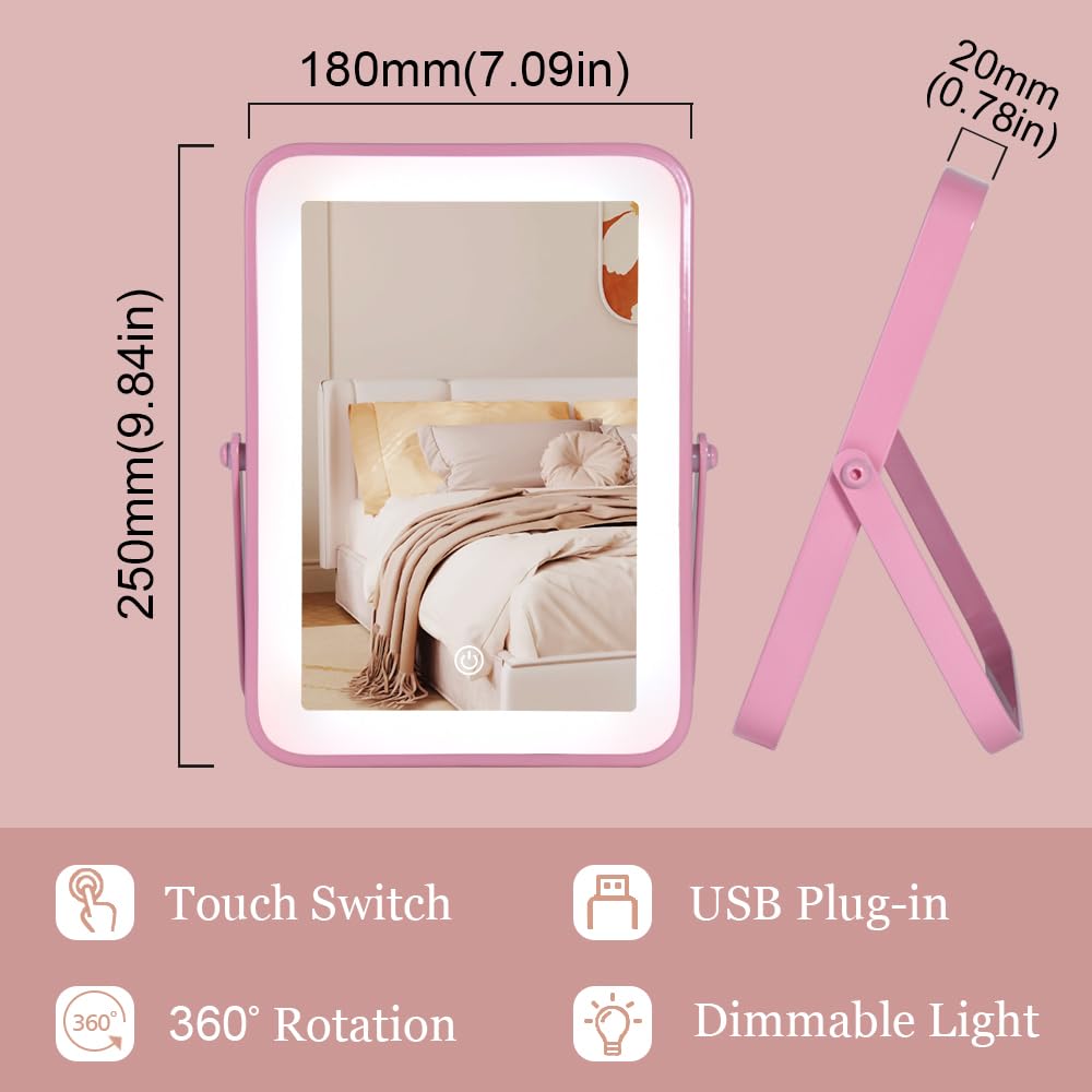 YEKKOPT Travel Makeup Mirror with Lights, Portable Small Beauty LED Vanity Mirror with Lights, 1200mAh Battery, Dimmable Touch Screen, Tabletop Folding Compact Mirror,Women Gift