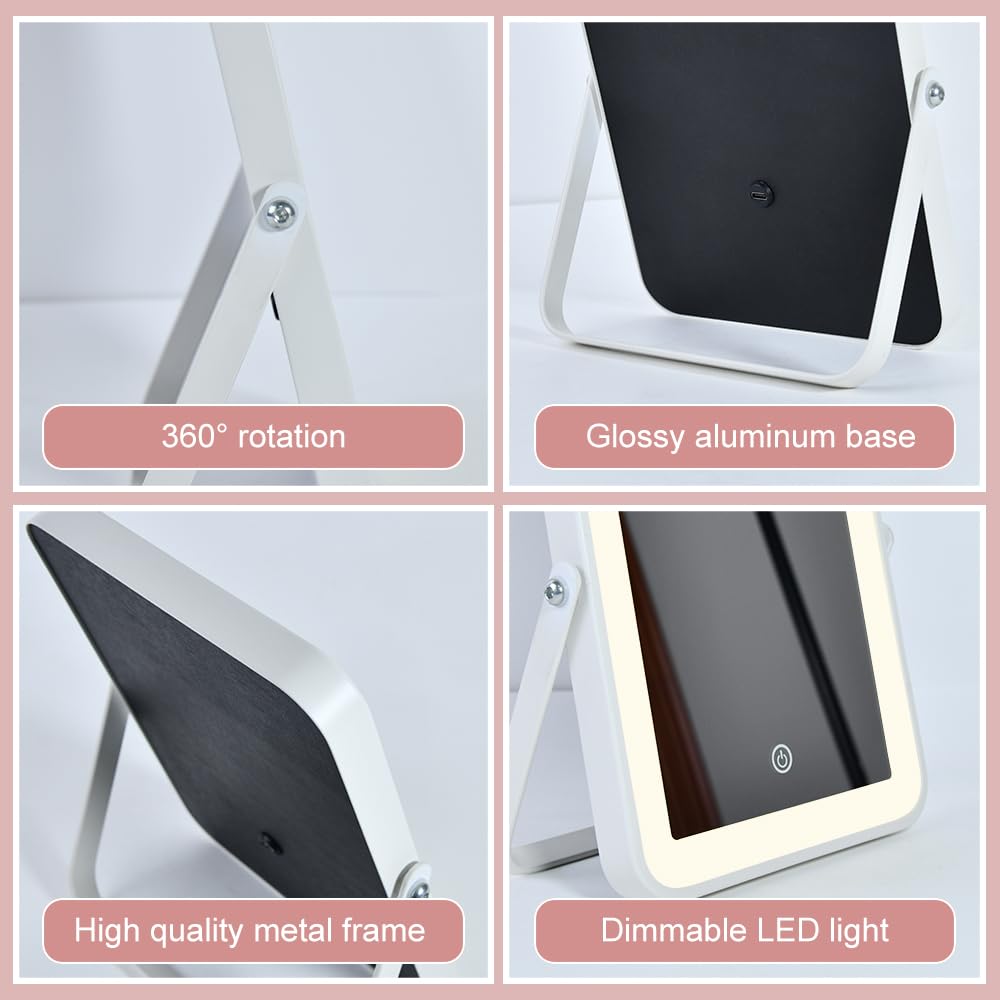 YEKKOPT Travel Makeup Mirror with Lights, Portable Small Beauty LED Vanity Mirror with Lights, 1200mAh Battery, Dimmable Touch Screen, Tabletop Folding Compact Mirror,Women Gift
