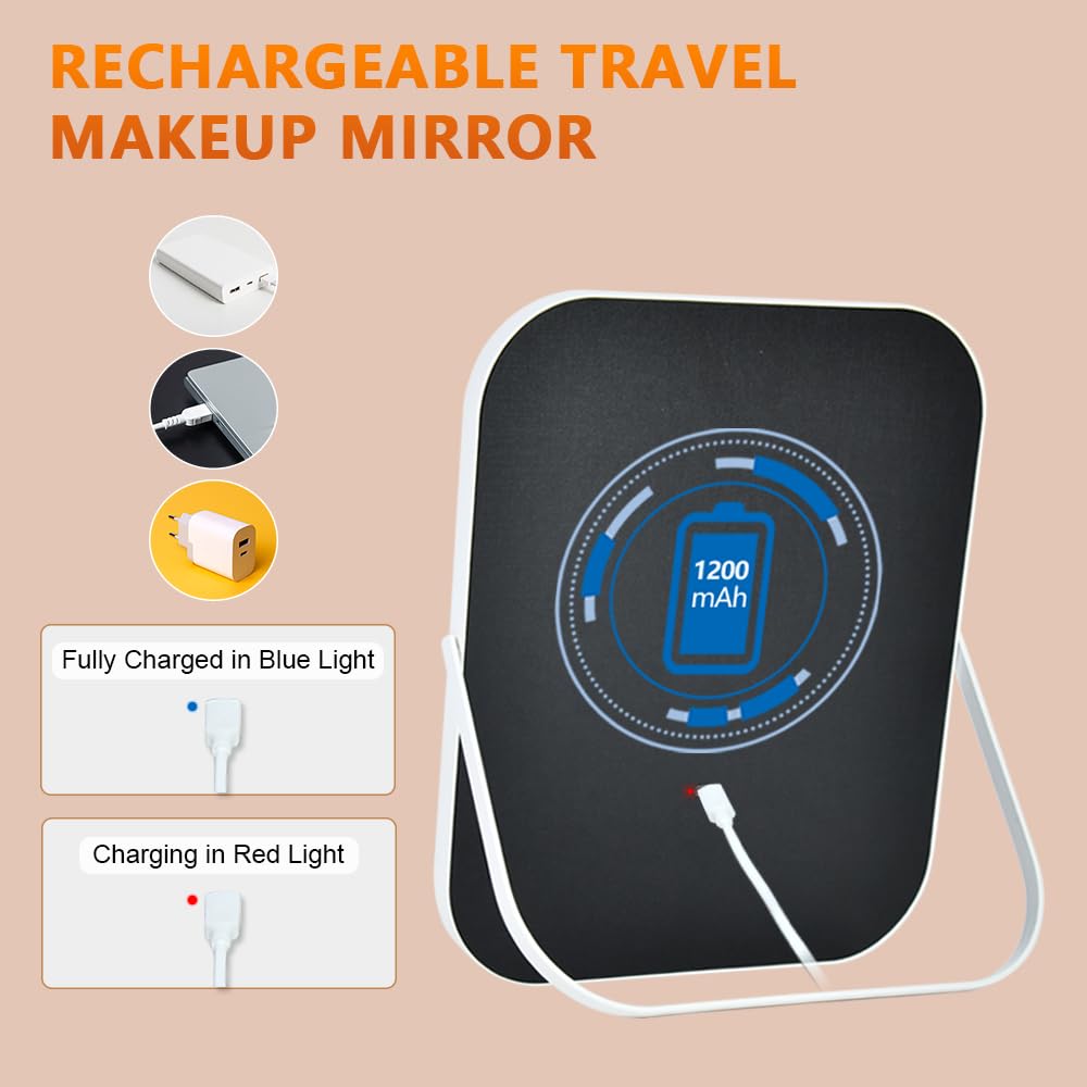 YEKKOPT Travel Makeup Mirror with Lights, Portable Small Beauty LED Vanity Mirror with Lights, 1200mAh Battery, Dimmable Touch Screen, Tabletop Folding Compact Mirror,Women Gift
