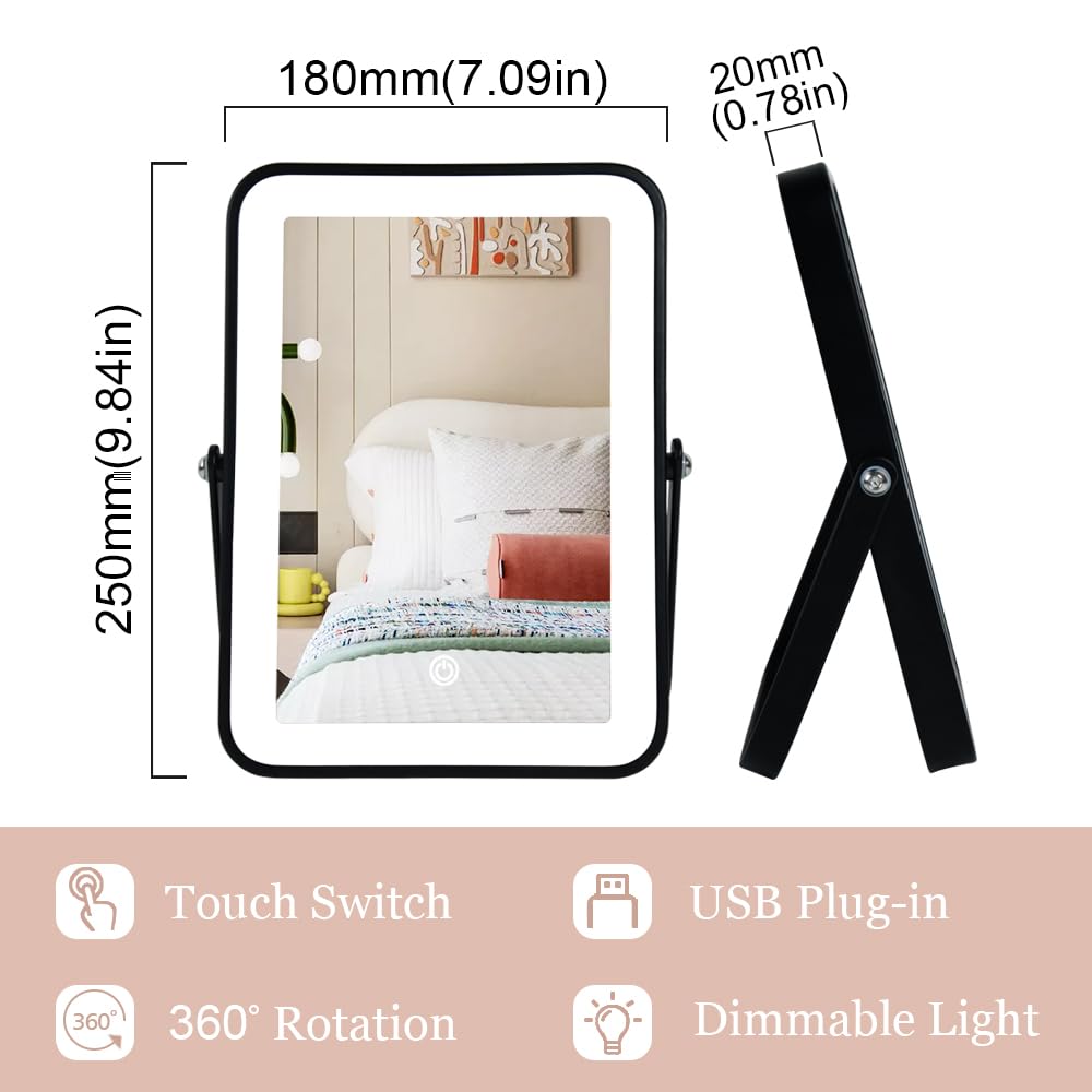 YEKKOPT Travel Makeup Mirror with Lights, Portable Small Beauty LED Vanity Mirror with Lights, 1200mAh Battery, Dimmable Touch Screen, Tabletop Folding Compact Mirror,Women Gift