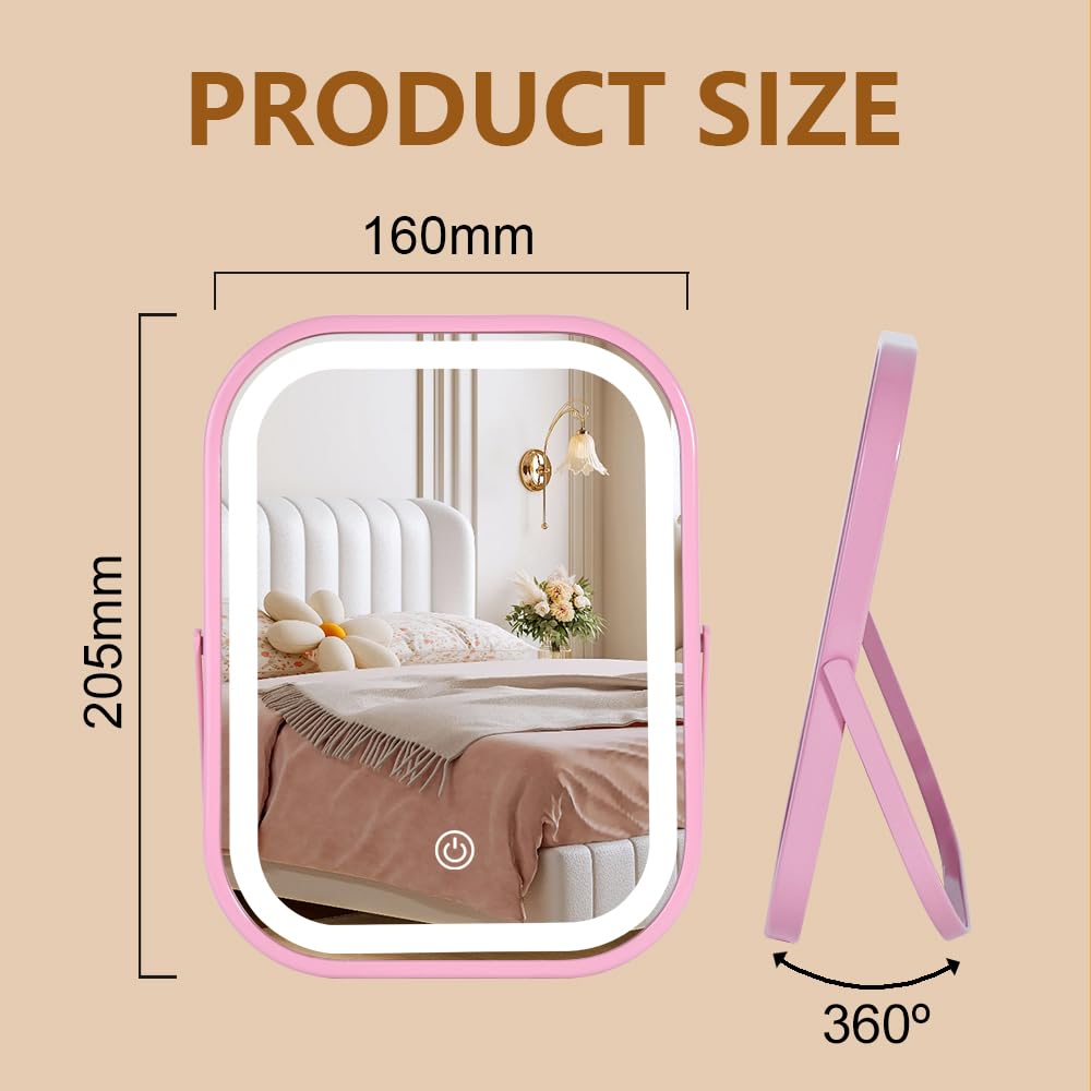 YEKKOPT Travel Makeup Mirror with Lights, Portable Small Beauty LED Vanity Mirror with Lights, 1200mAh Battery, Dimmable Touch Screen, Tabletop Folding Compact Mirror,Women Gift
