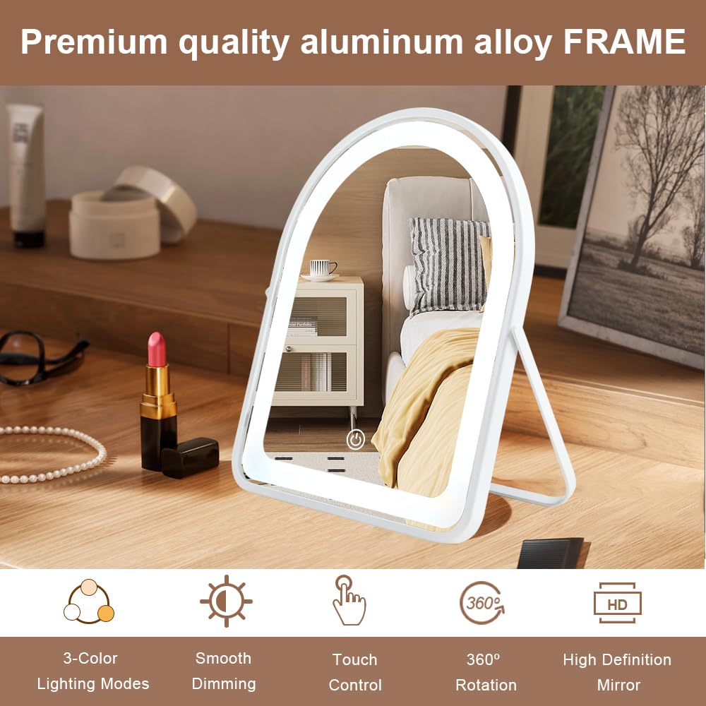 YEKKOPT Travel Makeup Mirror with Lights, Portable Small Beauty LED Vanity Mirror with Lights, 1200mAh Battery, Dimmable Touch Screen, Tabletop Folding Compact Mirror,Women Gift