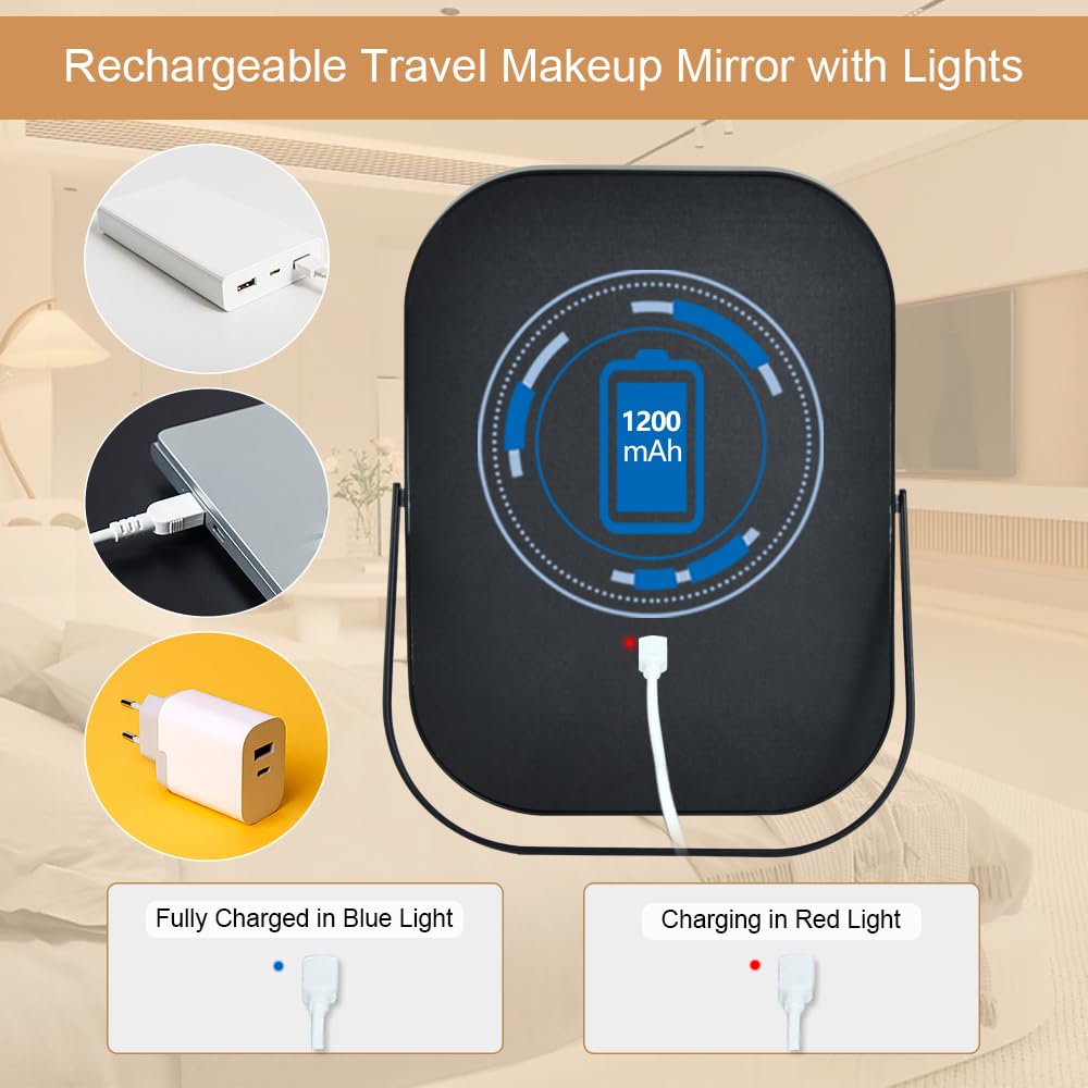 YEKKOPT Travel Makeup Mirror with Lights, Portable Small Beauty LED Vanity Mirror with Lights, 1200mAh Battery, Dimmable Touch Screen, Tabletop Folding Compact Mirror,Women Gift