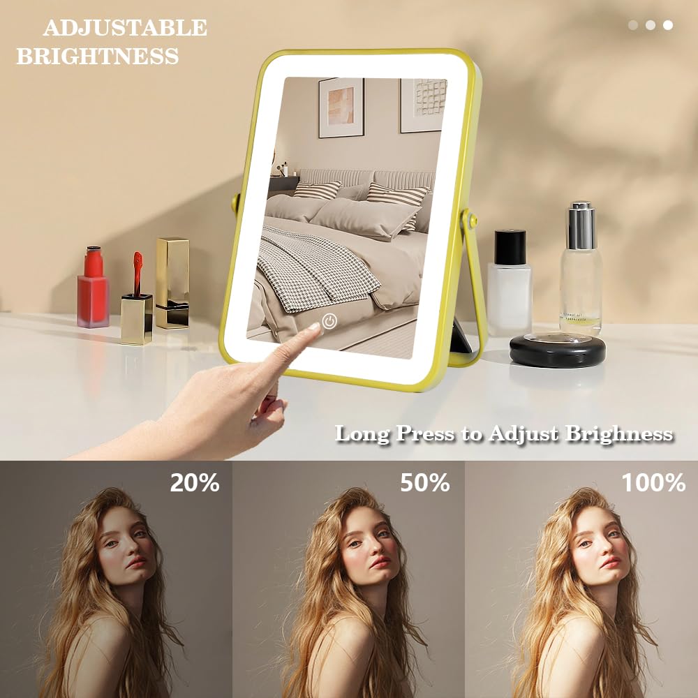 YEKKOPT Travel Makeup Mirror with Lights, Portable Small Beauty LED Vanity Mirror with Lights, 1200mAh Battery, Dimmable Touch Screen, Tabletop Folding Compact Mirror,Women Gift