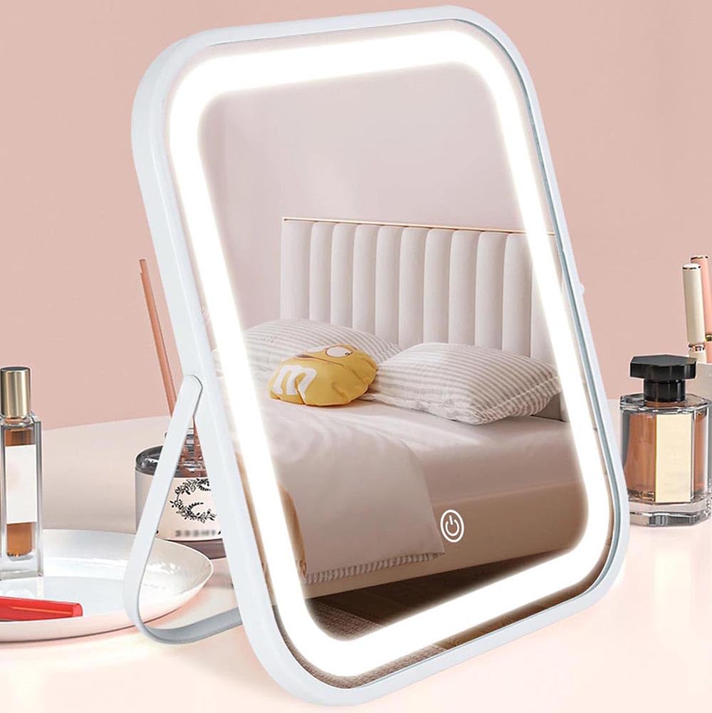 YEKKOPT Travel Makeup Mirror with Lights, Portable Small Beauty LED Vanity Mirror with Lights, 1200mAh Battery, Dimmable Touch Screen, Tabletop Folding Compact Mirror,Women Gift
