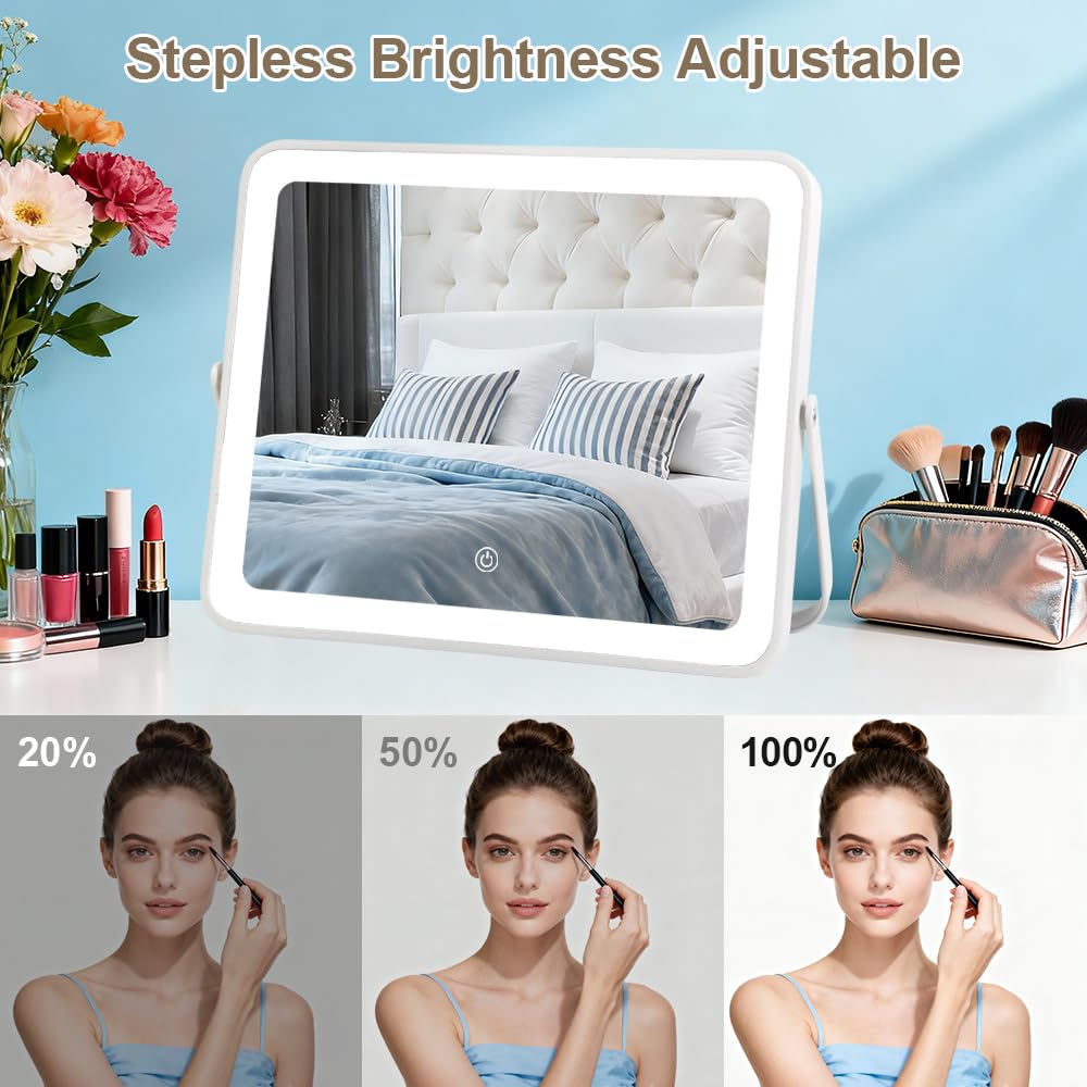 YEKKOPT Travel Makeup Mirror with Lights, Portable Small Beauty LED Vanity Mirror with Lights, 1200mAh Battery, Dimmable Touch Screen, Tabletop Folding Compact Mirror,Women Gift