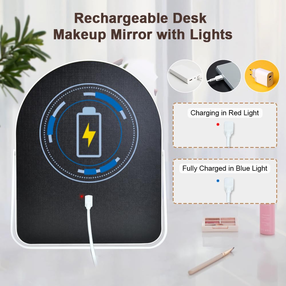 YEKKOPT Travel Makeup Mirror with Lights, Portable Small Beauty LED Vanity Mirror with Lights, 1200mAh Battery, Dimmable Touch Screen, Tabletop Folding Compact Mirror,Women Gift
