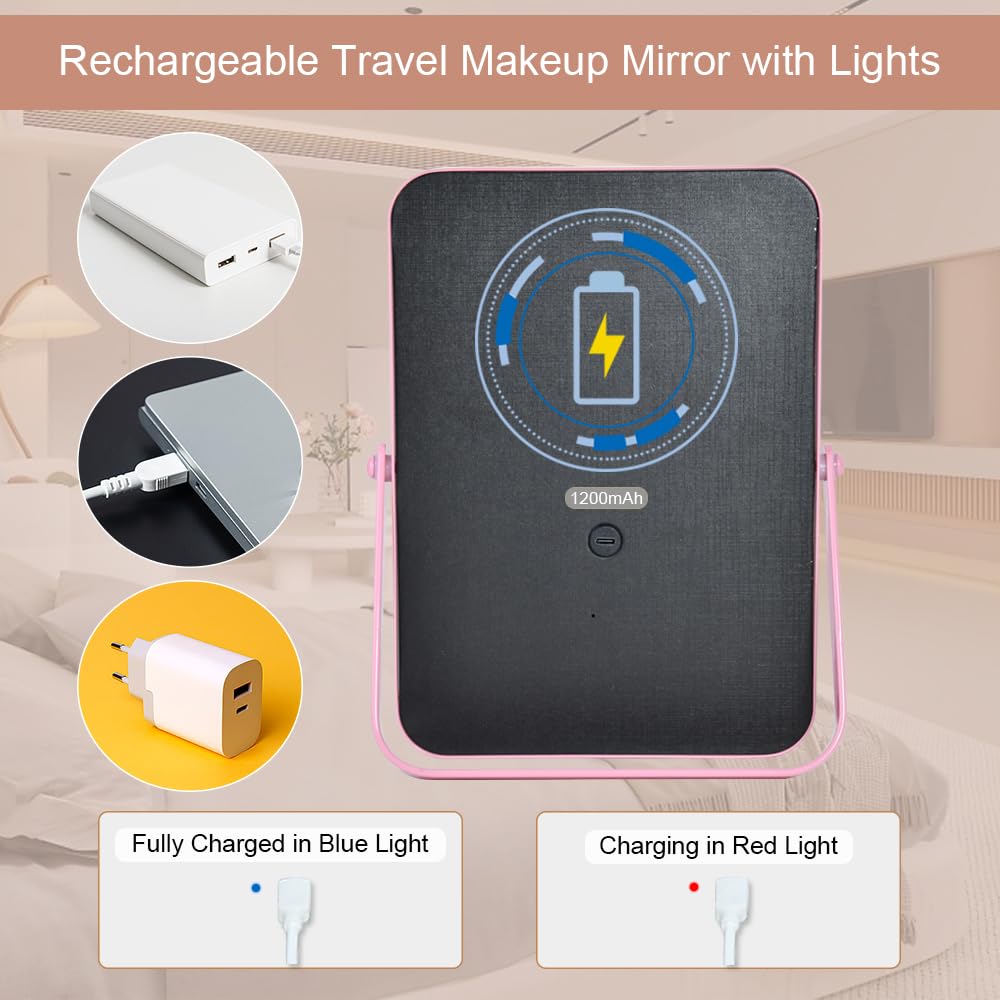 YEKKOPT Travel Makeup Mirror with Lights, Portable Small Beauty LED Vanity Mirror with Lights, 1200mAh Battery, Dimmable Touch Screen, Tabletop Folding Compact Mirror,Women Gift