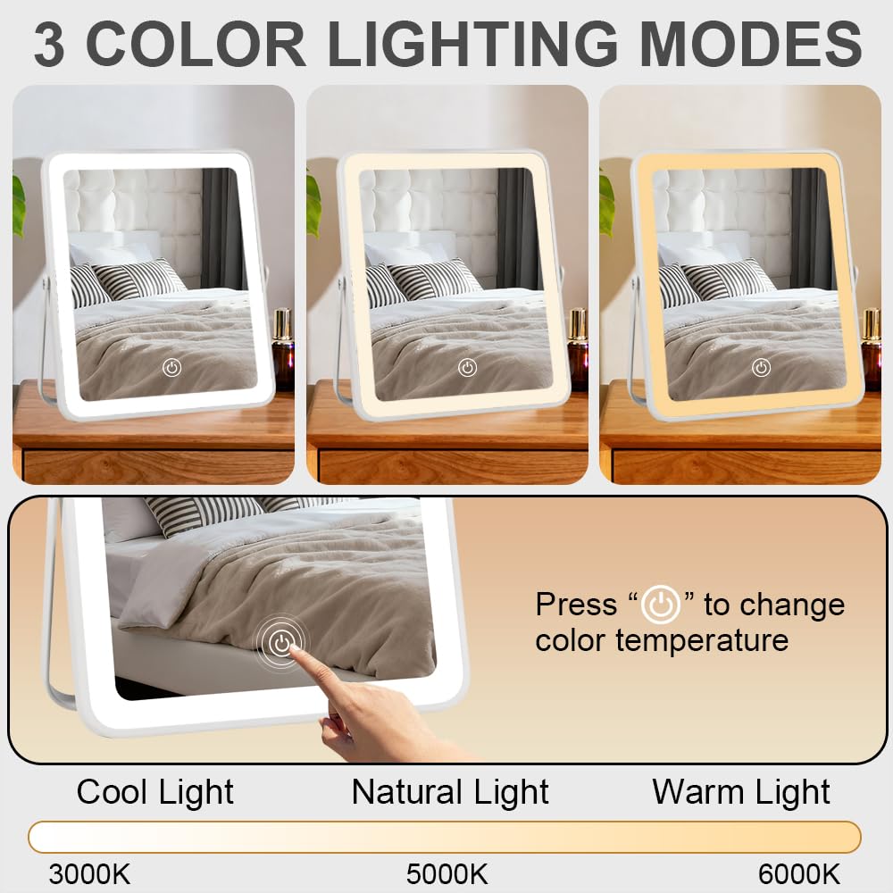 YEKKOPT Travel Makeup Mirror with Lights, Portable Small Beauty LED Vanity Mirror with Lights, 1200mAh Battery, Dimmable Touch Screen, Tabletop Folding Compact Mirror,Women Gift