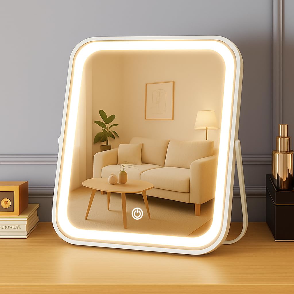 YEKKOPT Travel Makeup Mirror with Lights, Portable Small Beauty LED Vanity Mirror with Lights, 1200mAh Battery, Dimmable Touch Screen, Tabletop Folding Compact Mirror,Women Gift