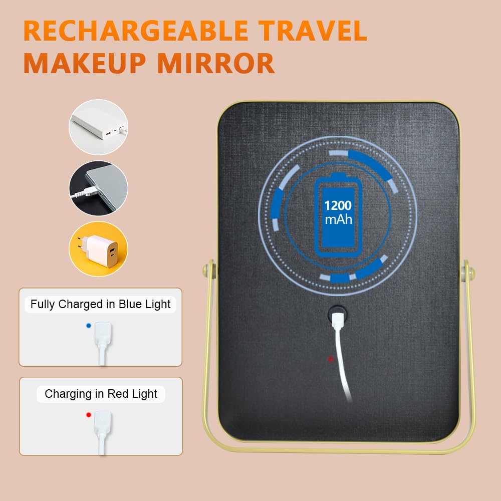 YEKKOPT Travel Makeup Mirror with Lights, Portable Small Beauty LED Vanity Mirror with Lights, 1200mAh Battery, Dimmable Touch Screen, Tabletop Folding Compact Mirror,Women Gift