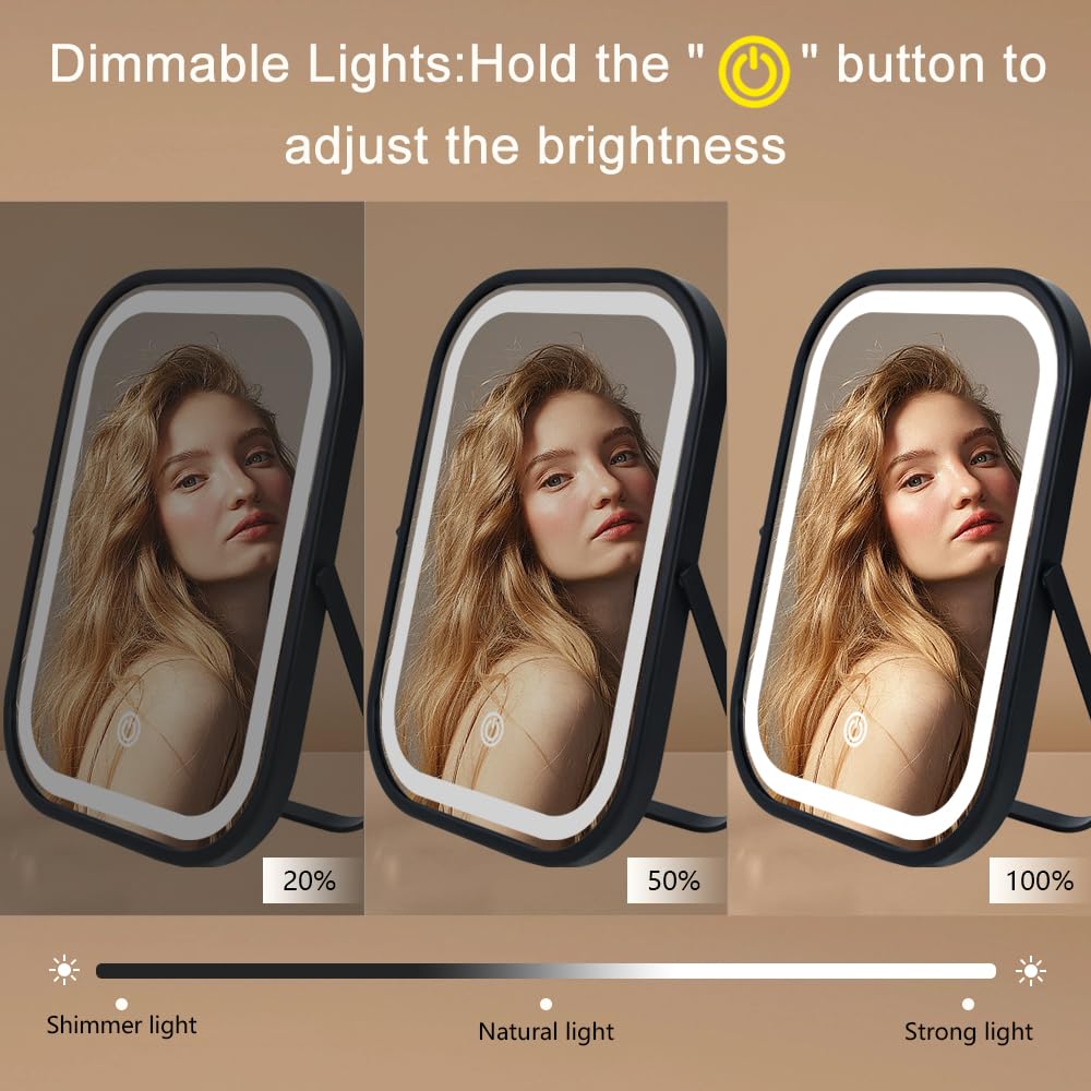 YEKKOPT Travel Makeup Mirror with Lights, Portable Small Beauty LED Vanity Mirror with Lights, 1200mAh Battery, Dimmable Touch Screen, Tabletop Folding Compact Mirror,Women Gift