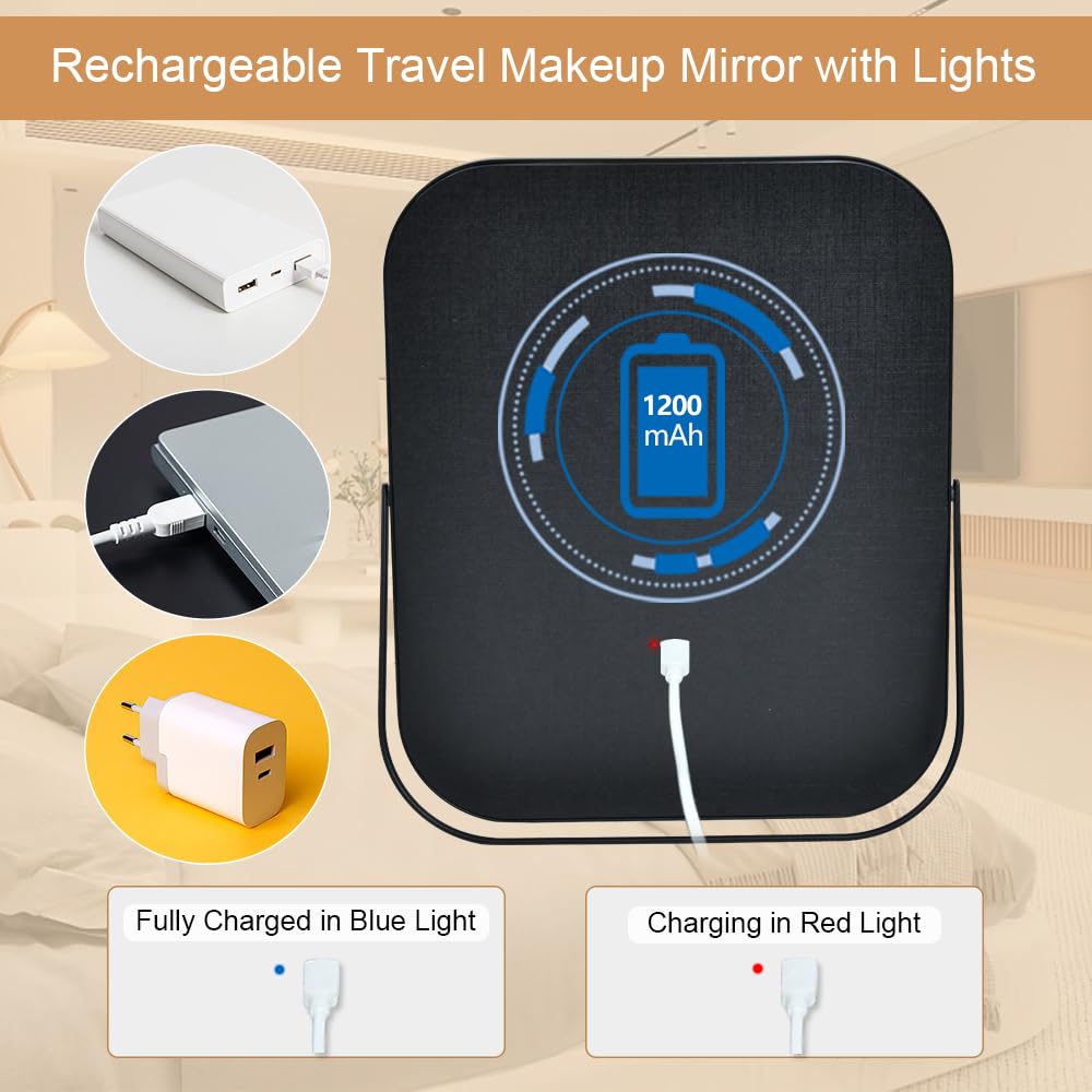 YEKKOPT Travel Makeup Mirror with Lights, Portable Small Beauty LED Vanity Mirror with Lights, 1200mAh Battery, Dimmable Touch Screen, Tabletop Folding Compact Mirror,Women Gift