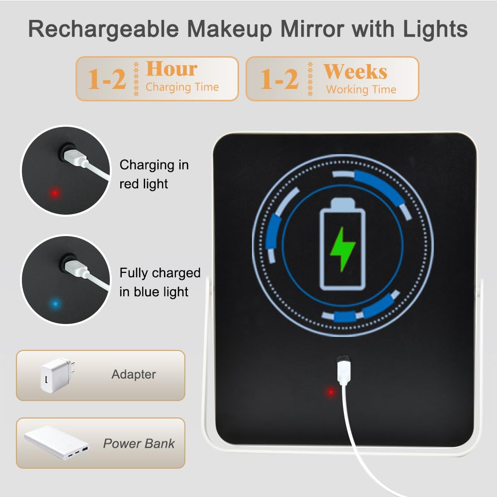 YEKKOPT Travel Makeup Mirror with Lights, Portable Small Beauty LED Vanity Mirror with Lights, 1200mAh Battery, Dimmable Touch Screen, Tabletop Folding Compact Mirror,Women Gift
