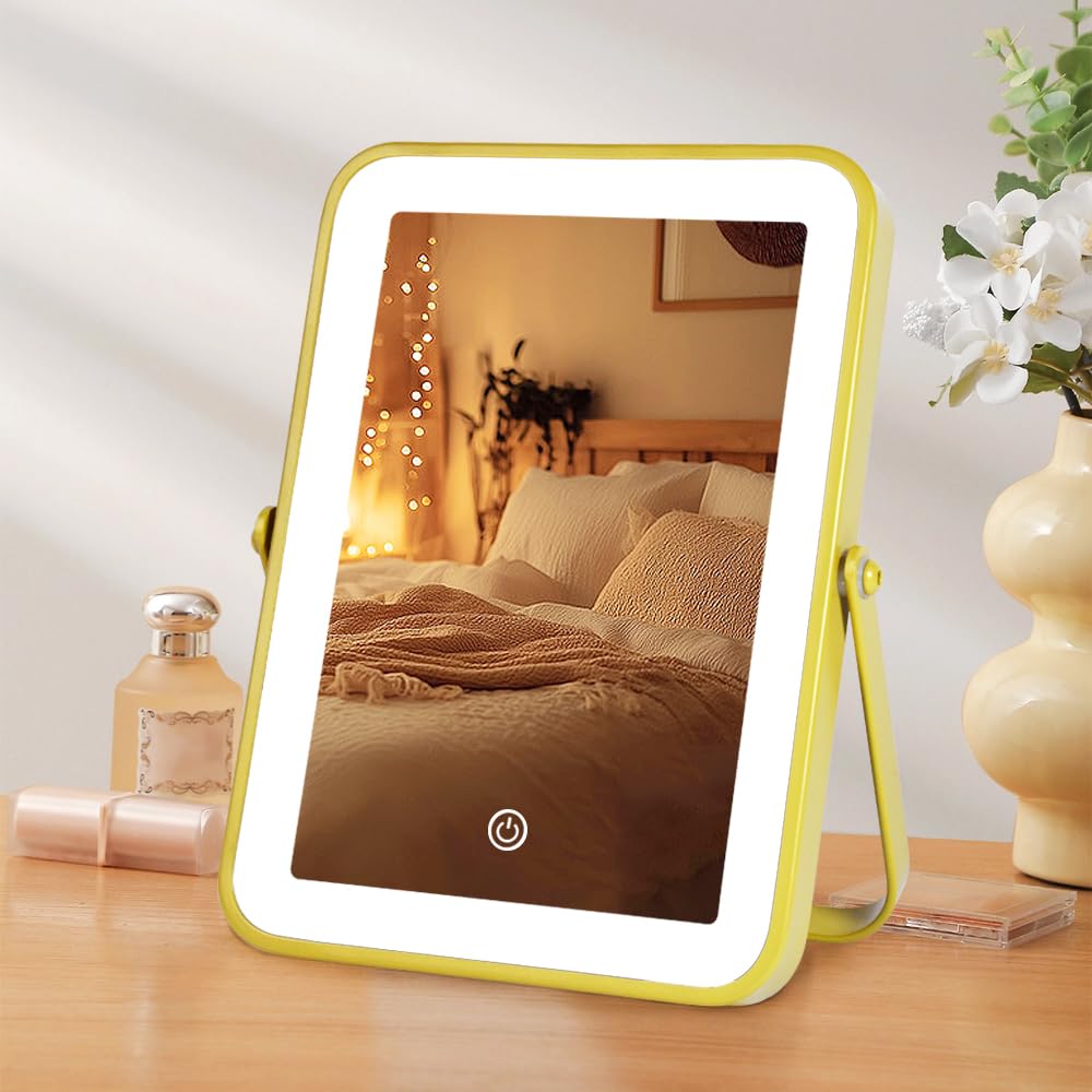 YEKKOPT Travel Makeup Mirror with Lights, Portable Small Beauty LED Vanity Mirror with Lights, 1200mAh Battery, Dimmable Touch Screen, Tabletop Folding Compact Mirror,Women Gift