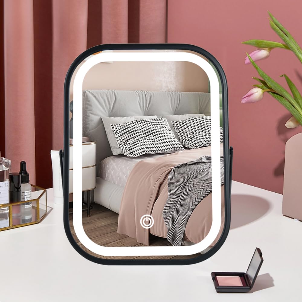 YEKKOPT Travel Makeup Mirror with Lights, Portable Small Beauty LED Vanity Mirror with Lights, 1200mAh Battery, Dimmable Touch Screen, Tabletop Folding Compact Mirror,Women Gift