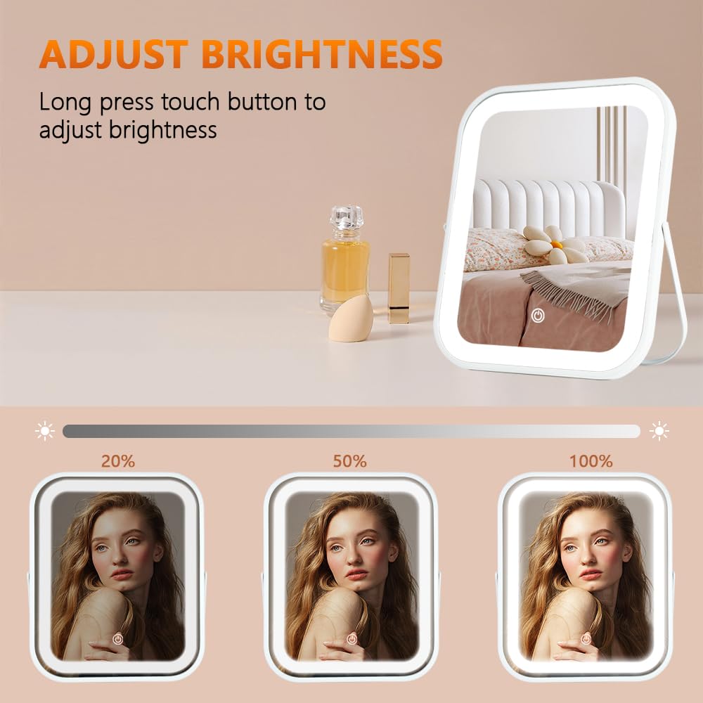 YEKKOPT Travel Makeup Mirror with Lights, Portable Small Beauty LED Vanity Mirror with Lights, 1200mAh Battery, Dimmable Touch Screen, Tabletop Folding Compact Mirror,Women Gift