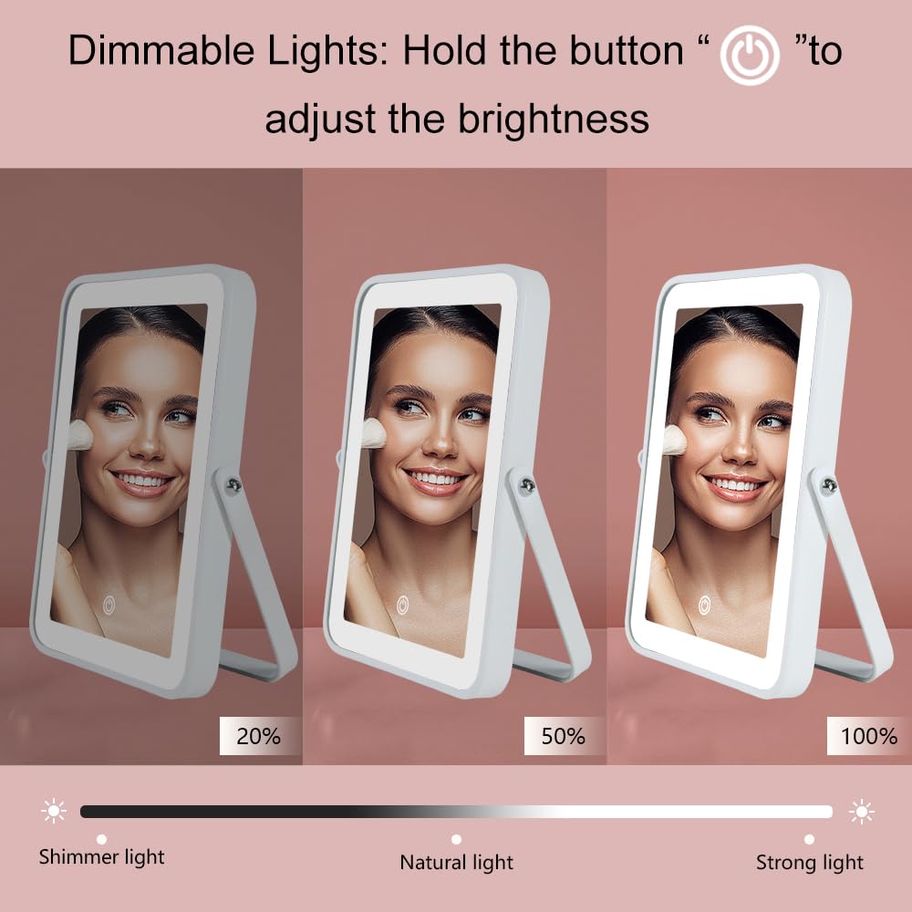 YEKKOPT Travel Makeup Mirror with Lights, Portable Small Beauty LED Vanity Mirror with Lights, 1200mAh Battery, Dimmable Touch Screen, Tabletop Folding Compact Mirror,Women Gift