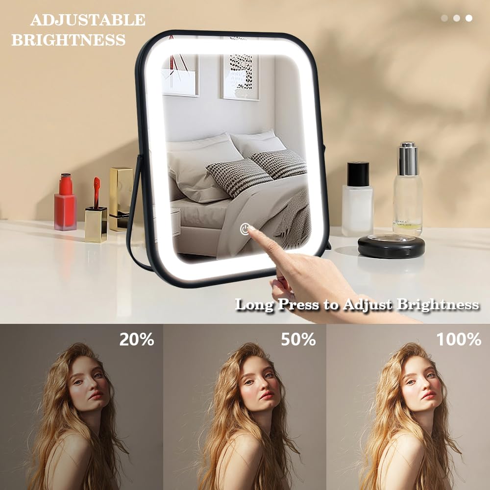 YEKKOPT Travel Makeup Mirror with Lights, Portable Small Beauty LED Vanity Mirror with Lights, 1200mAh Battery, Dimmable Touch Screen, Tabletop Folding Compact Mirror,Women Gift