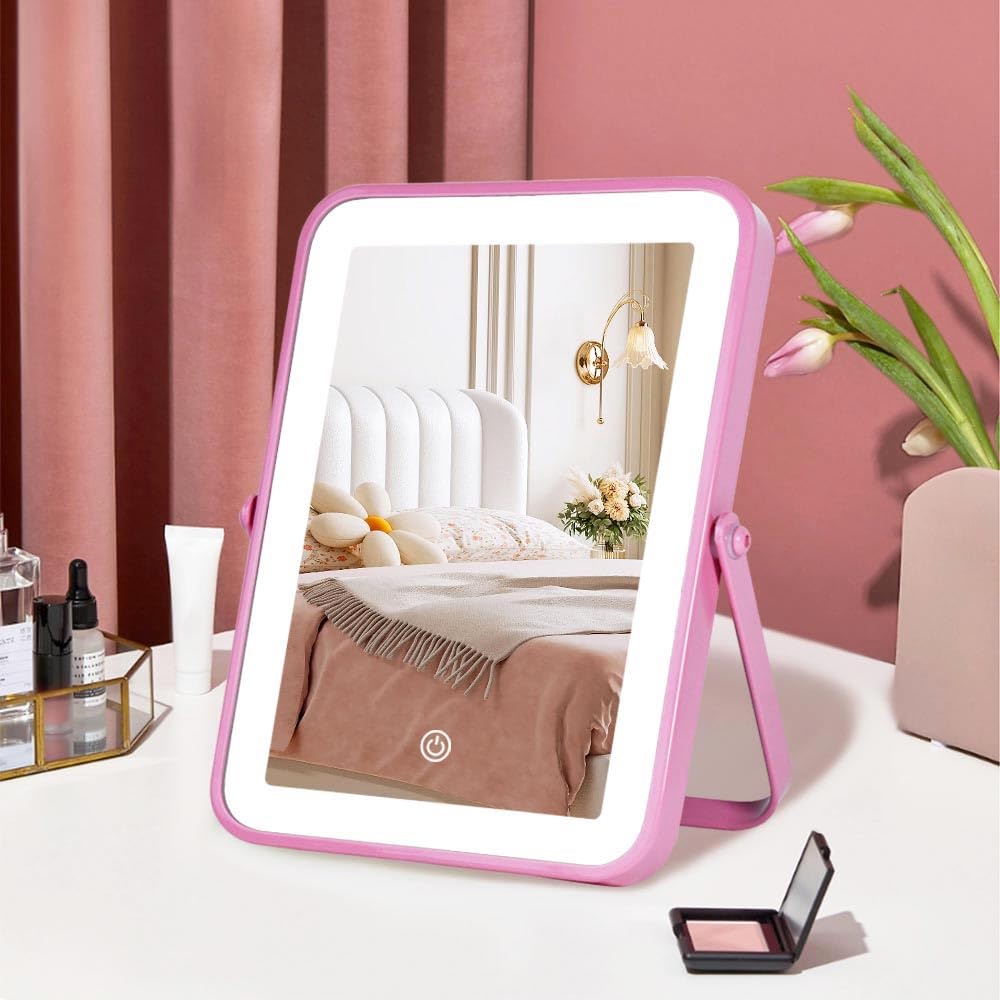 YEKKOPT Travel Makeup Mirror with Lights, Portable Small Beauty LED Vanity Mirror with Lights, 1200mAh Battery, Dimmable Touch Screen, Tabletop Folding Compact Mirror,Women Gift