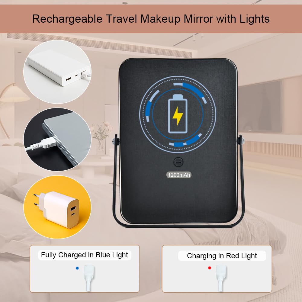 YEKKOPT Travel Makeup Mirror with Lights, Portable Small Beauty LED Vanity Mirror with Lights, 1200mAh Battery, Dimmable Touch Screen, Tabletop Folding Compact Mirror,Women Gift