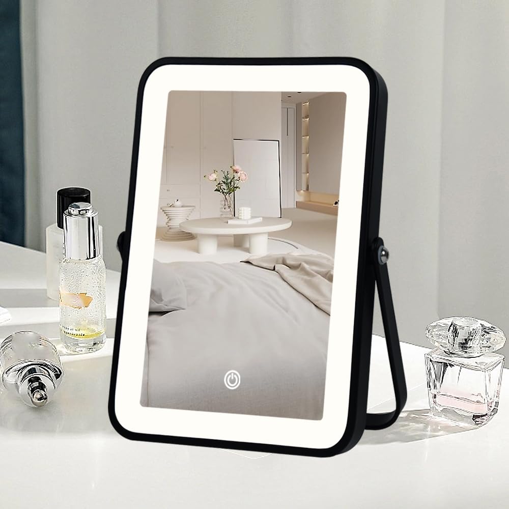 YEKKOPT Travel Makeup Mirror with Lights, Portable Small Beauty LED Vanity Mirror with Lights, 1200mAh Battery, Dimmable Touch Screen, Tabletop Folding Compact Mirror,Women Gift
