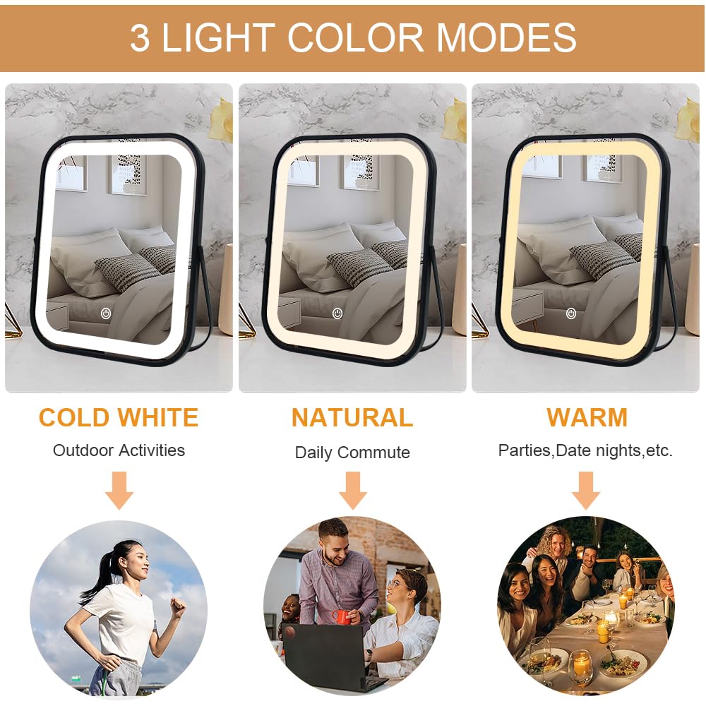 YEKKOPT Travel Makeup Mirror with Lights, Portable Small Beauty LED Vanity Mirror with Lights, 1200mAh Battery, Dimmable Touch Screen, Tabletop Folding Compact Mirror,Women Gift