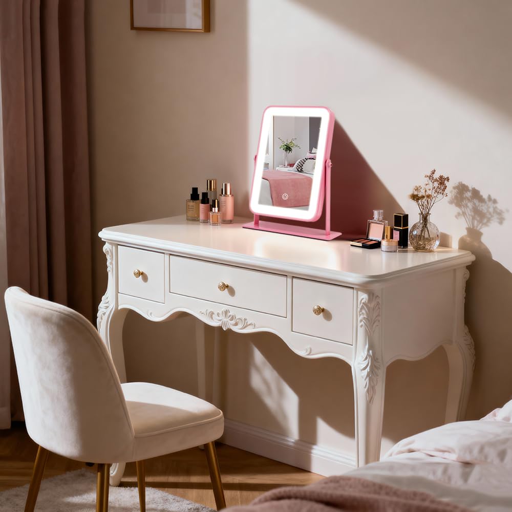 YEKKOPT Travel Makeup Mirror with Lights, Portable Small Beauty LED Vanity Mirror with Lights, 1200mAh Battery, Dimmable Touch Screen, Tabletop Folding Compact Mirror,Women Gift