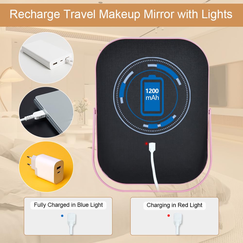 YEKKOPT Travel Makeup Mirror with Lights, Portable Small Beauty LED Vanity Mirror with Lights, 1200mAh Battery, Dimmable Touch Screen, Tabletop Folding Compact Mirror,Women Gift