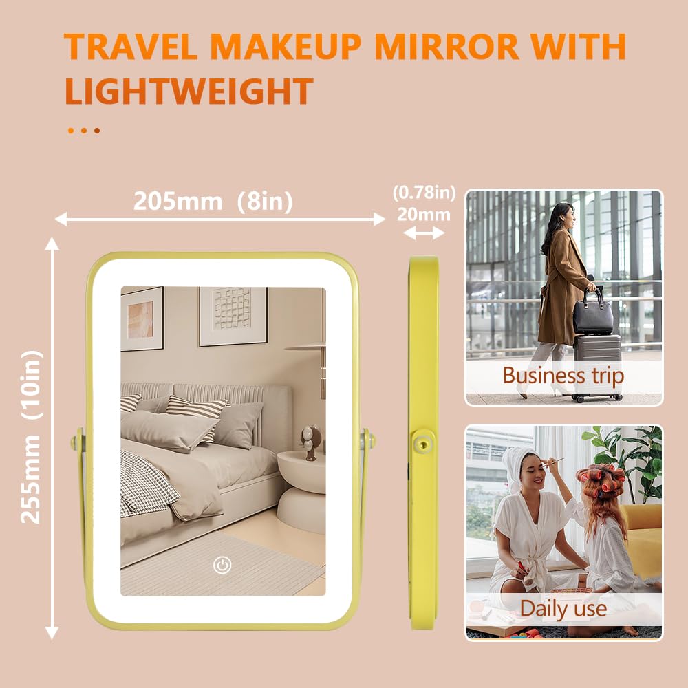 YEKKOPT Travel Makeup Mirror with Lights, Portable Small Beauty LED Vanity Mirror with Lights, 1200mAh Battery, Dimmable Touch Screen, Tabletop Folding Compact Mirror,Women Gift