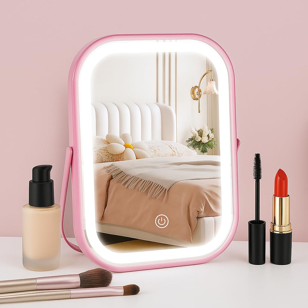 YEKKOPT Travel Makeup Mirror with Lights, Portable Small Beauty LED Vanity Mirror with Lights, 1200mAh Battery, Dimmable Touch Screen, Tabletop Folding Compact Mirror,Women Gift