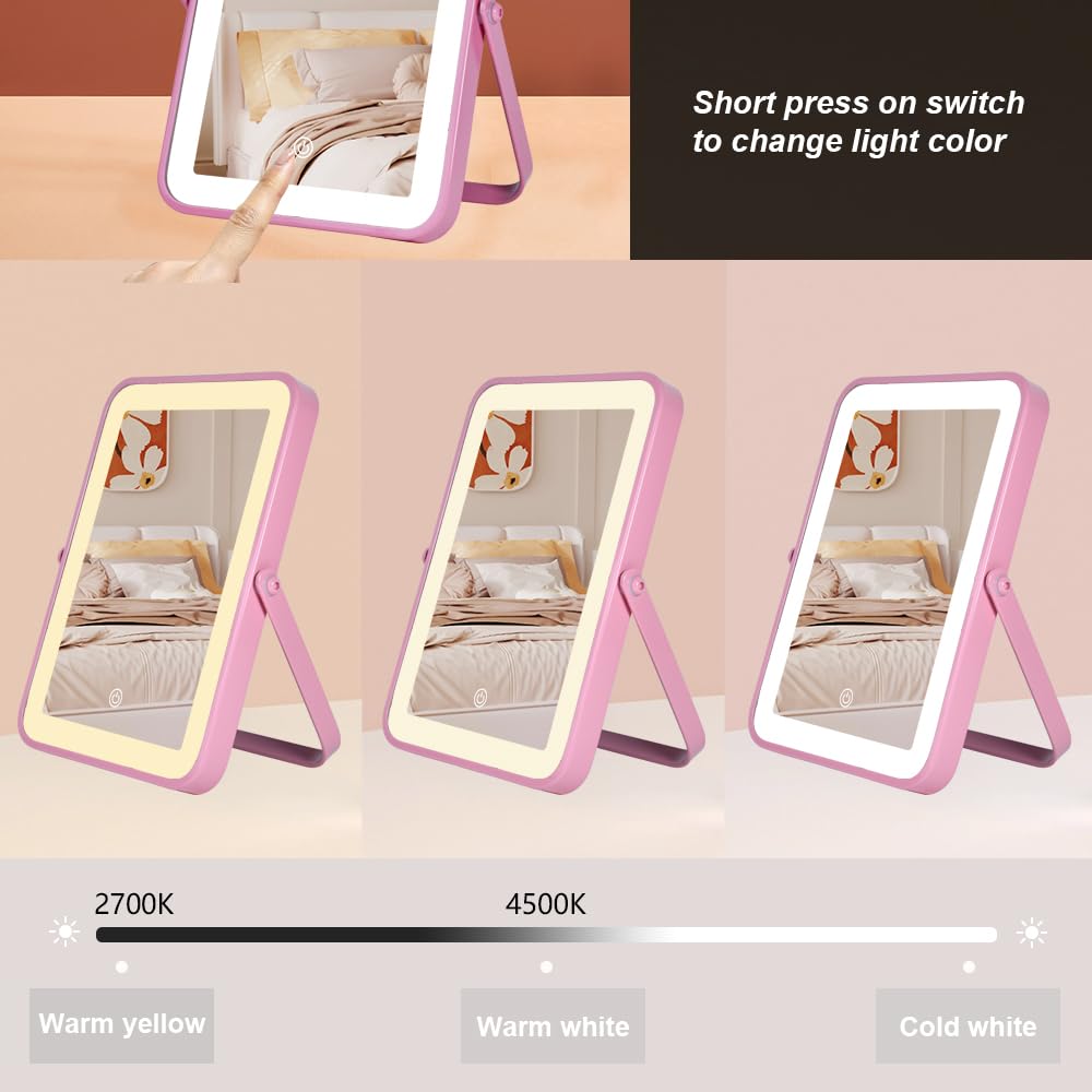 YEKKOPT Travel Makeup Mirror with Lights, Portable Small Beauty LED Vanity Mirror with Lights, 1200mAh Battery, Dimmable Touch Screen, Tabletop Folding Compact Mirror,Women Gift