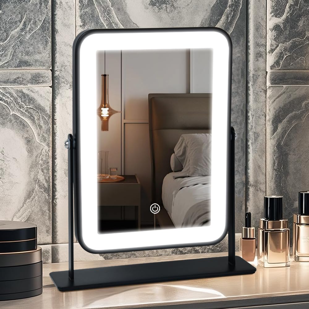 YEKKOPT Travel Makeup Mirror with Lights, Portable Small Beauty LED Vanity Mirror with Lights, 1200mAh Battery, Dimmable Touch Screen, Tabletop Folding Compact Mirror,Women Gift