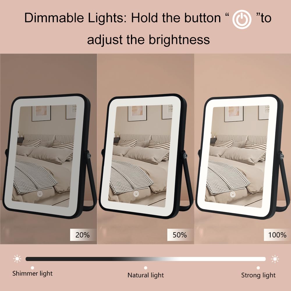 YEKKOPT Travel Makeup Mirror with Lights, Portable Small Beauty LED Vanity Mirror with Lights, 1200mAh Battery, Dimmable Touch Screen, Tabletop Folding Compact Mirror,Women Gift