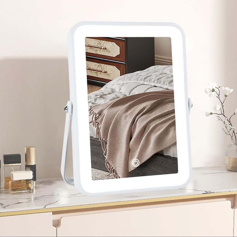 YEKKOPT Travel Makeup Mirror with Lights, Portable Small Beauty LED Vanity Mirror with Lights, 1200mAh Battery, Dimmable Touch Screen, Tabletop Folding Compact Mirror,Women Gift