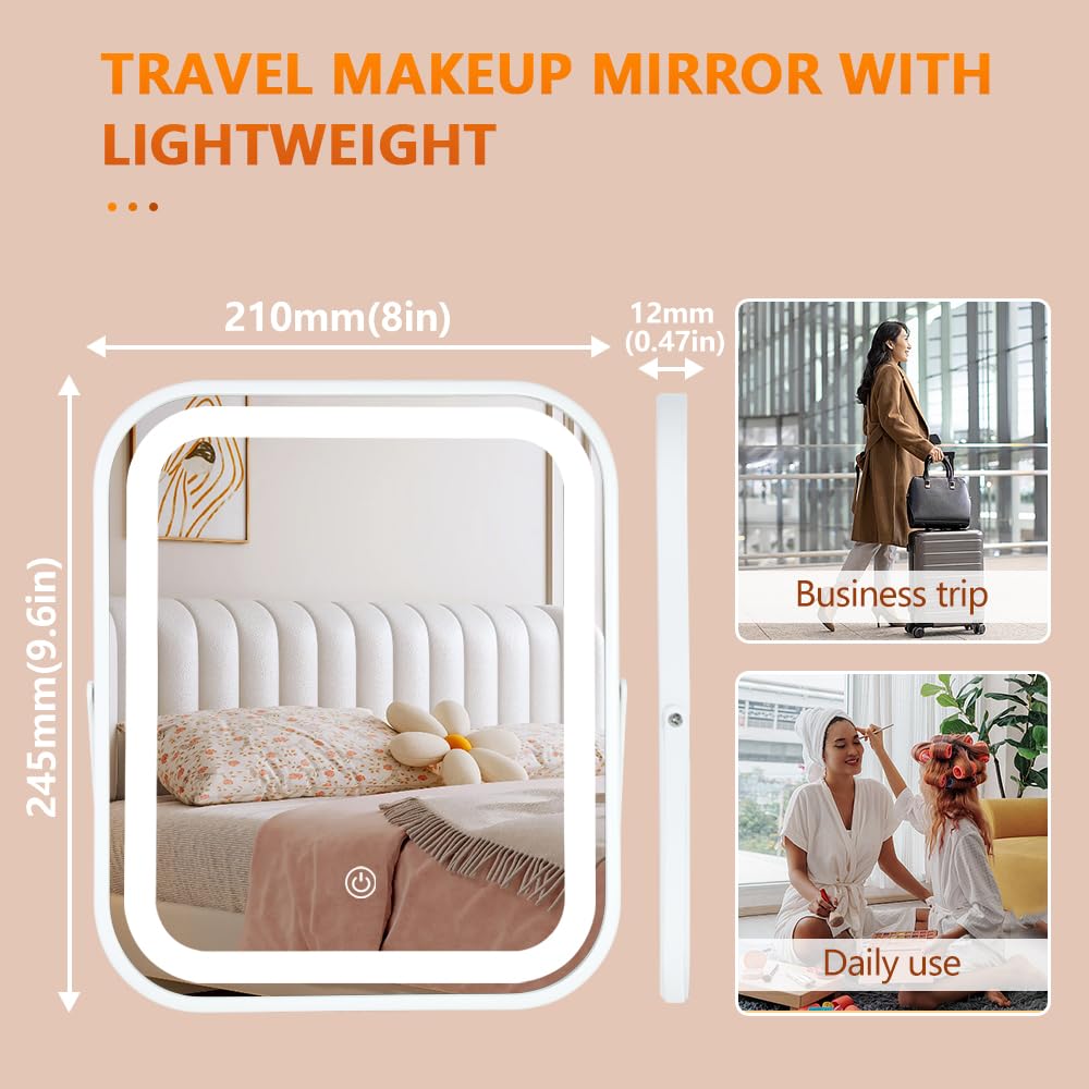 YEKKOPT Travel Makeup Mirror with Lights, Portable Small Beauty LED Vanity Mirror with Lights, 1200mAh Battery, Dimmable Touch Screen, Tabletop Folding Compact Mirror,Women Gift
