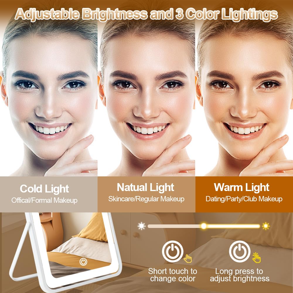 YEKKOPT Travel Makeup Mirror with Lights, Portable Small Beauty LED Vanity Mirror with Lights, 1200mAh Battery, Dimmable Touch Screen, Tabletop Folding Compact Mirror,Women Gift