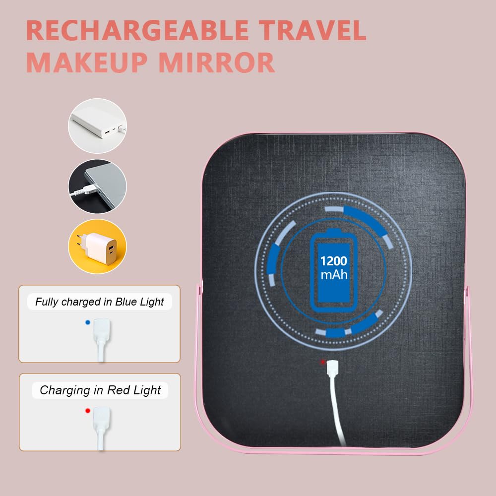 YEKKOPT Travel Makeup Mirror with Lights, Portable Small Beauty LED Vanity Mirror with Lights, 1200mAh Battery, Dimmable Touch Screen, Tabletop Folding Compact Mirror,Women Gift