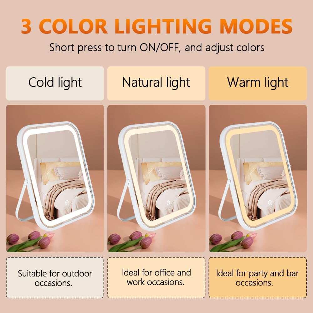 YEKKOPT Travel Makeup Mirror with Lights, Portable Small Beauty LED Vanity Mirror with Lights, 1200mAh Battery, Dimmable Touch Screen, Tabletop Folding Compact Mirror,Women Gift