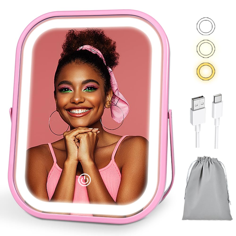 YEKKOPT Travel Makeup Mirror with Lights, Portable Small Beauty LED Vanity Mirror with Lights, 1200mAh Battery, Dimmable Touch Screen, Tabletop Folding Compact Mirror,Women Gift