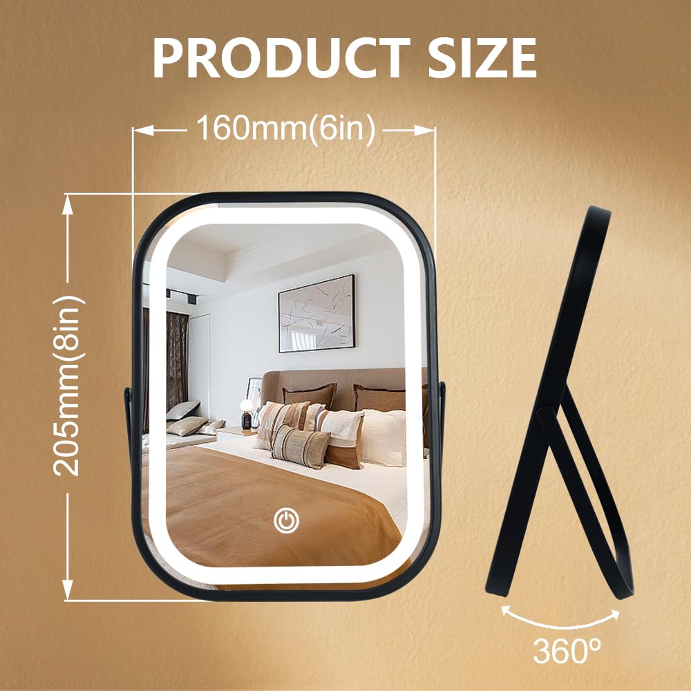 YEKKOPT Travel Makeup Mirror with Lights, Portable Small Beauty LED Vanity Mirror with Lights, 1200mAh Battery, Dimmable Touch Screen, Tabletop Folding Compact Mirror,Women Gift