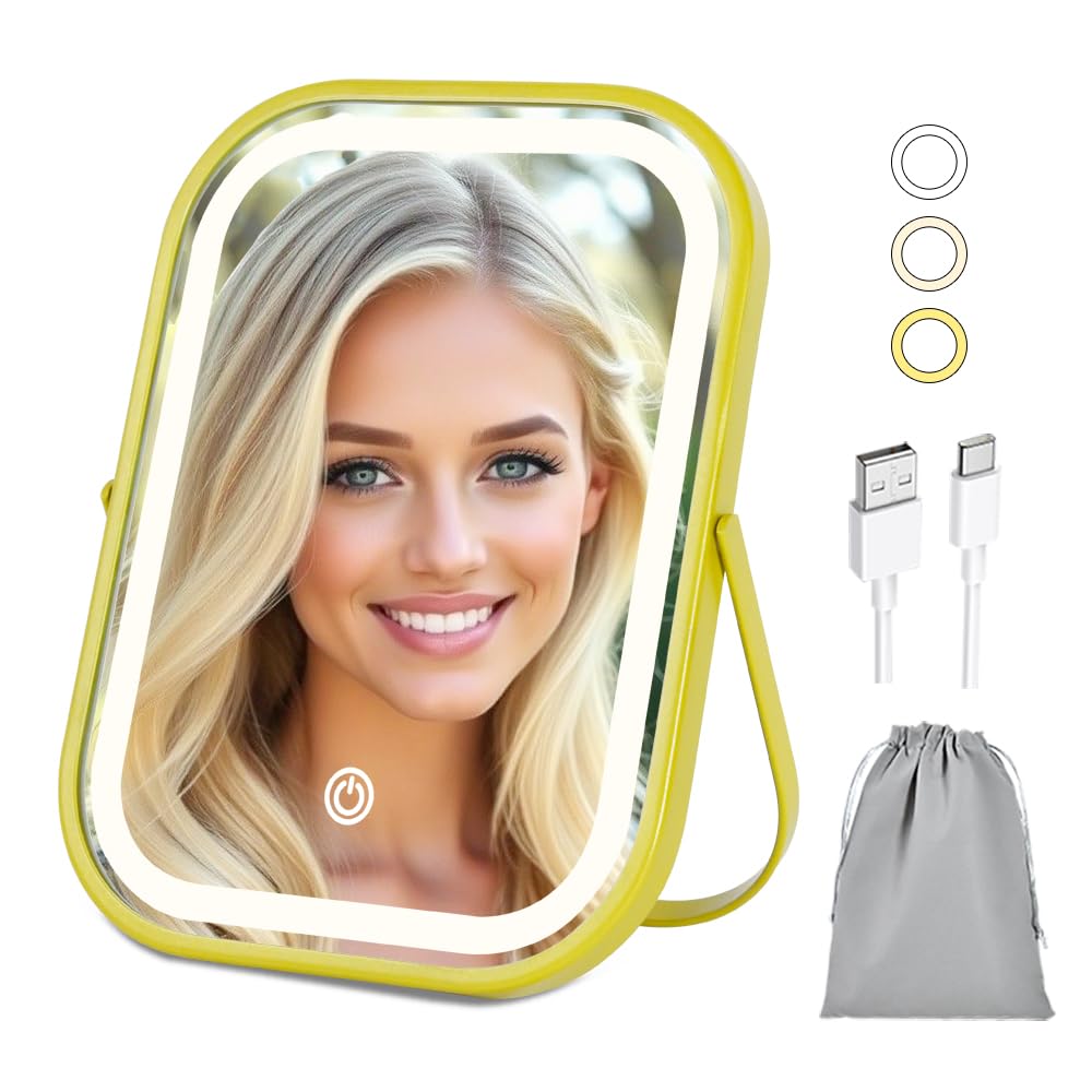 YEKKOPT Travel Makeup Mirror with Lights, Portable Small Beauty LED Vanity Mirror with Lights, 1200mAh Battery, Dimmable Touch Screen, Tabletop Folding Compact Mirror,Women Gift