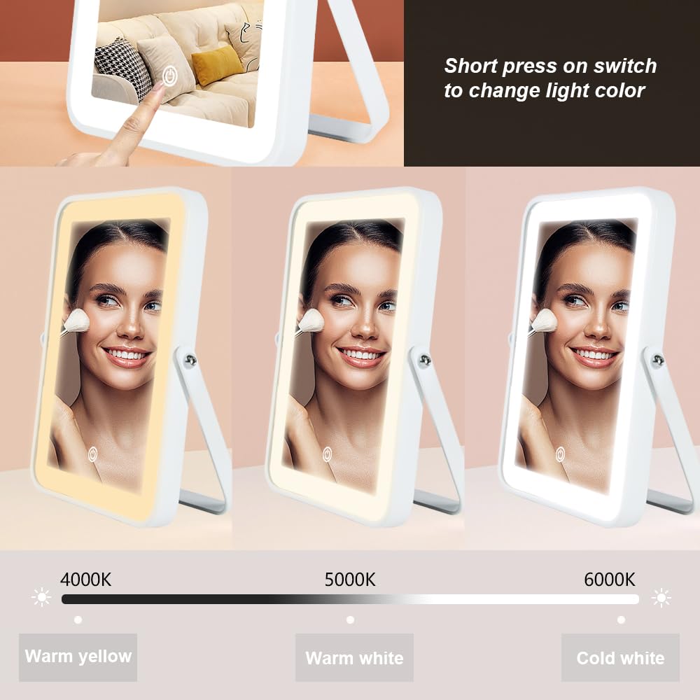 YEKKOPT Travel Makeup Mirror with Lights, Portable Small Beauty LED Vanity Mirror with Lights, 1200mAh Battery, Dimmable Touch Screen, Tabletop Folding Compact Mirror,Women Gift