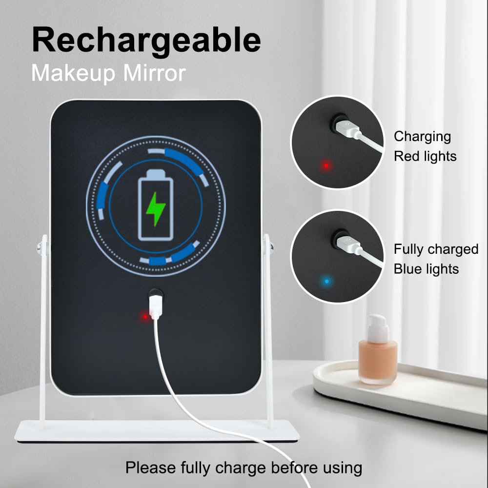 YEKKOPT Travel Makeup Mirror with Lights, Portable Small Beauty LED Vanity Mirror with Lights, 1200mAh Battery, Dimmable Touch Screen, Tabletop Folding Compact Mirror,Women Gift