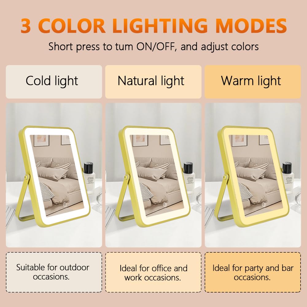 YEKKOPT Travel Makeup Mirror with Lights, Portable Small Beauty LED Vanity Mirror with Lights, 1200mAh Battery, Dimmable Touch Screen, Tabletop Folding Compact Mirror,Women Gift