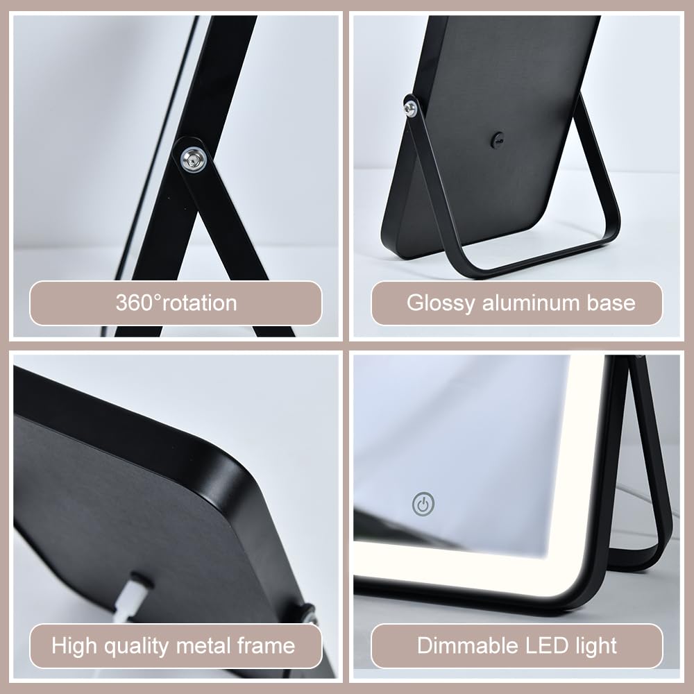 YEKKOPT Travel Makeup Mirror with Lights, Portable Small Beauty LED Vanity Mirror with Lights, 1200mAh Battery, Dimmable Touch Screen, Tabletop Folding Compact Mirror,Women Gift